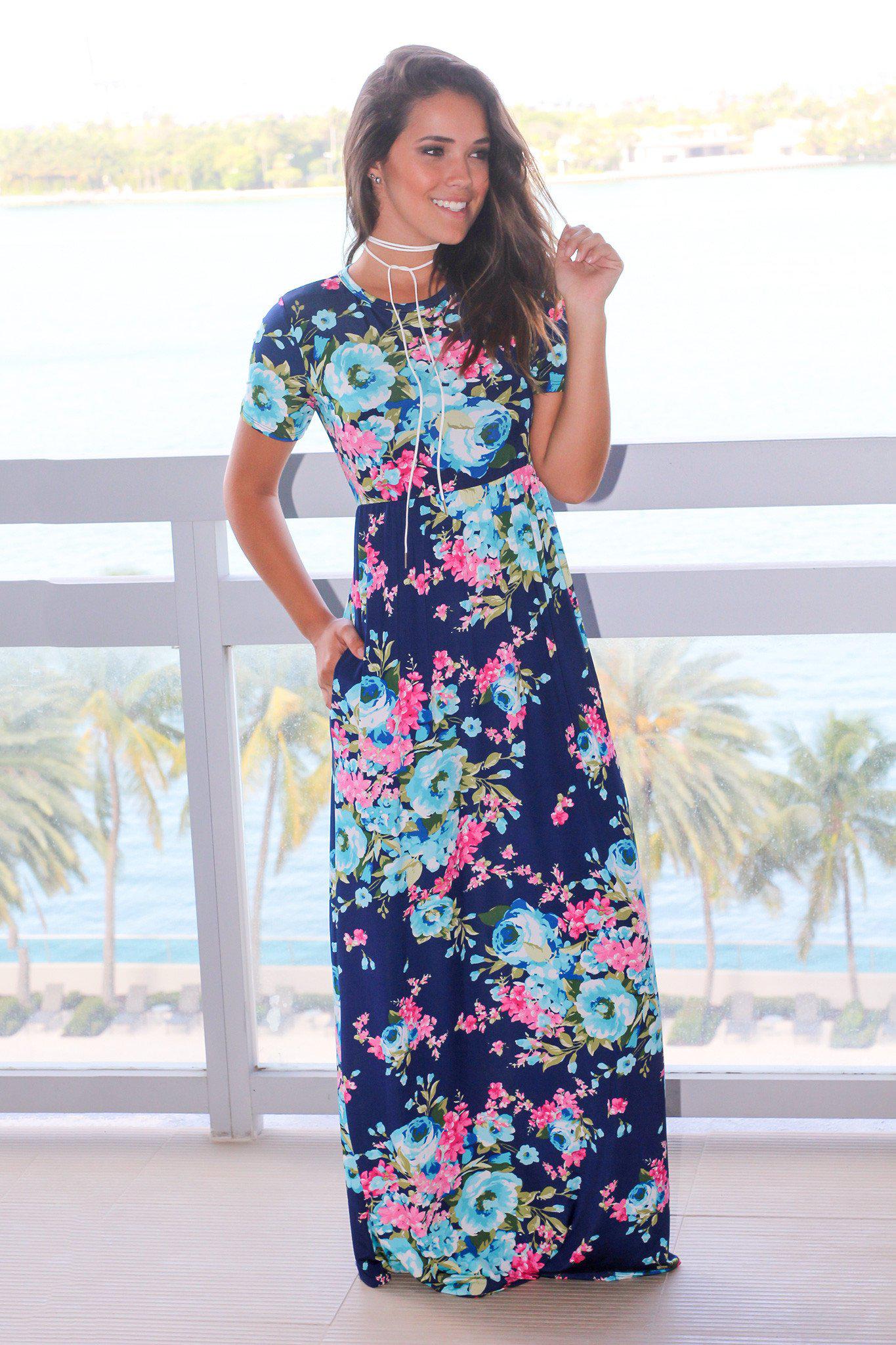 Navy Floral Maxi Dress with Short Sleeves | Maxi Dresses – Saved by the ...