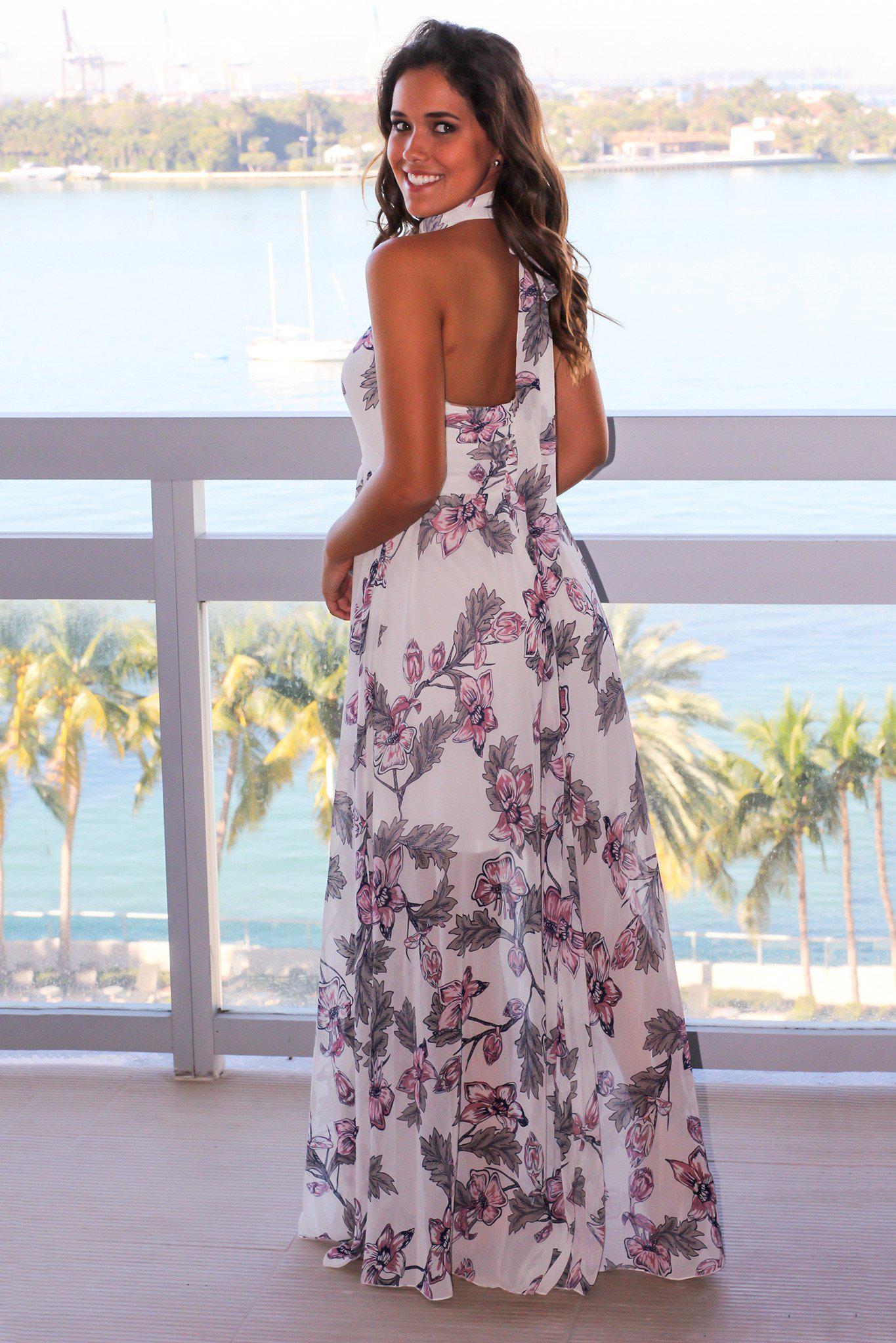 Off White Floral Halter Neck Maxi Dress | Maxi Dresses – Saved by the Dress