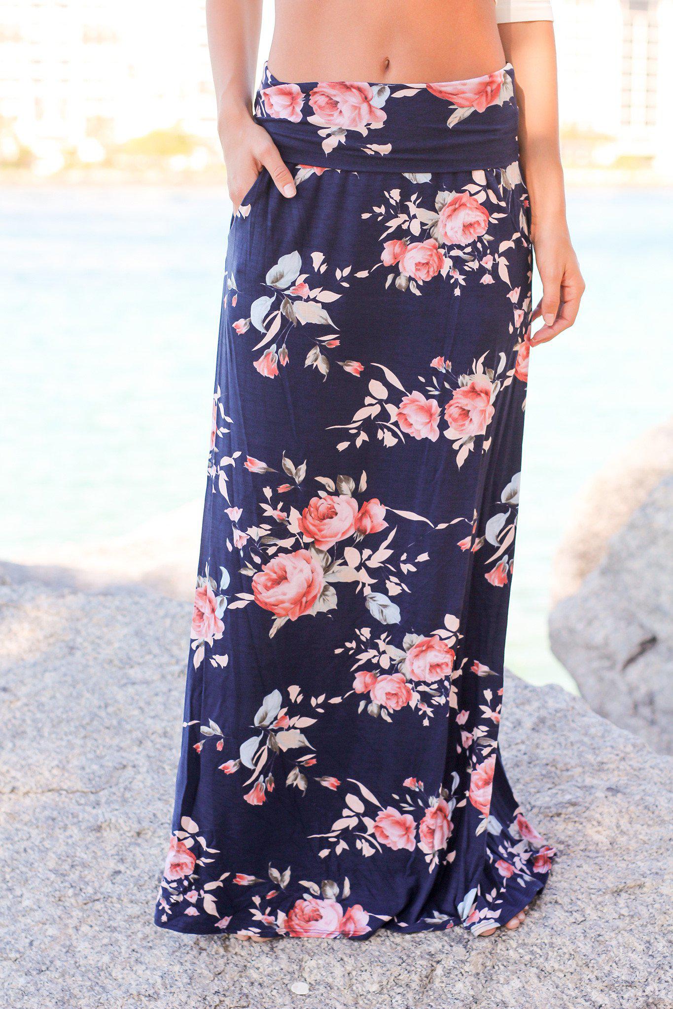 navy floral maxi skirt