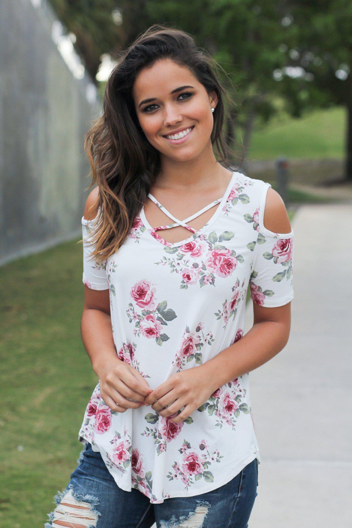 Floral Open Shoulder Criss Cross Top | Cute Tops – Saved by the Dress