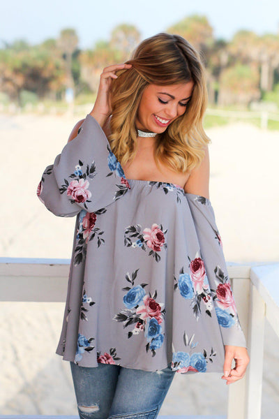 Gray Floral Off Shoulder Top | Cute Tops – Saved by the Dress