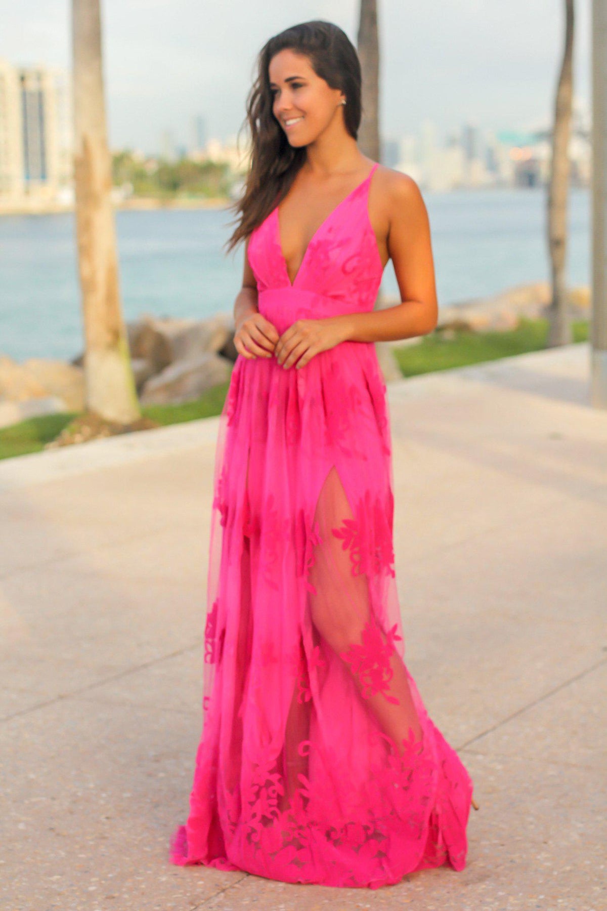 Fuchsia Floral Tulle Maxi Dress With Criss Cross Back Maxi Dresses Saved By The Dress 0795