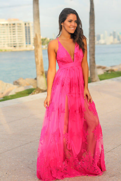 Fuchsia Floral Tulle Maxi Dress With Criss Cross Back Maxi Dresses Saved By The Dress