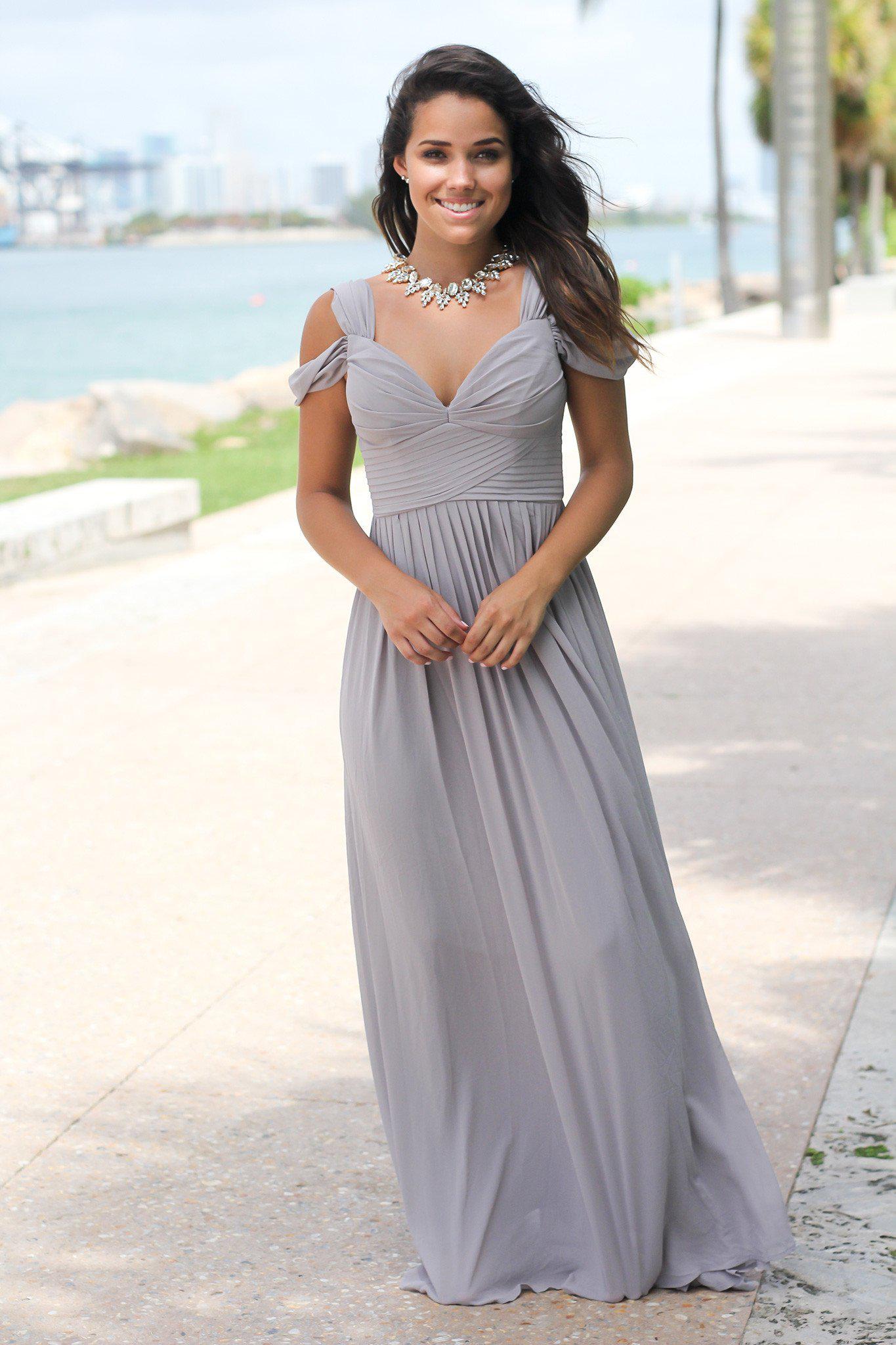 off the shoulder grey bridesmaid dresses