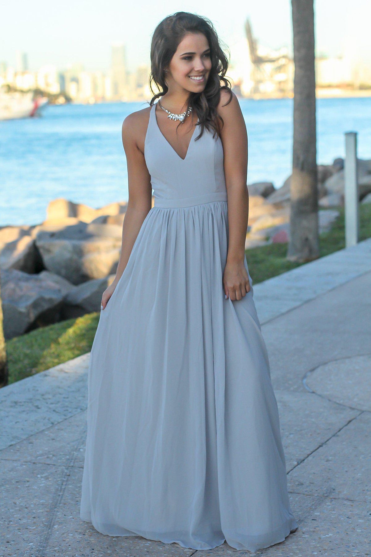 Gray V-Neck Maxi Dress with Lace Back | Bridesmaid Dresses – Saved by ...