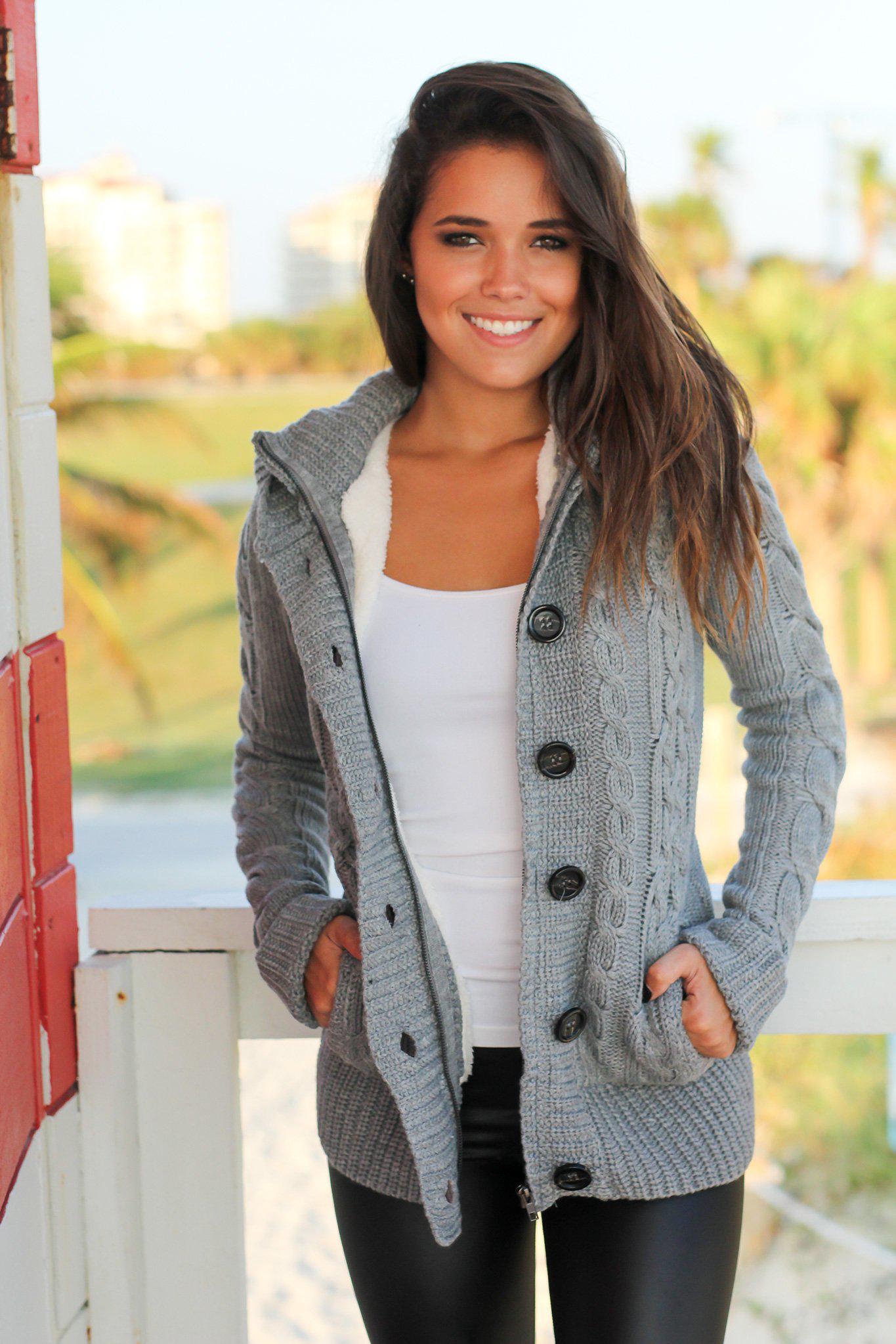 Gray Sweater With Fur Hood | Sweaters – Saved by the Dress