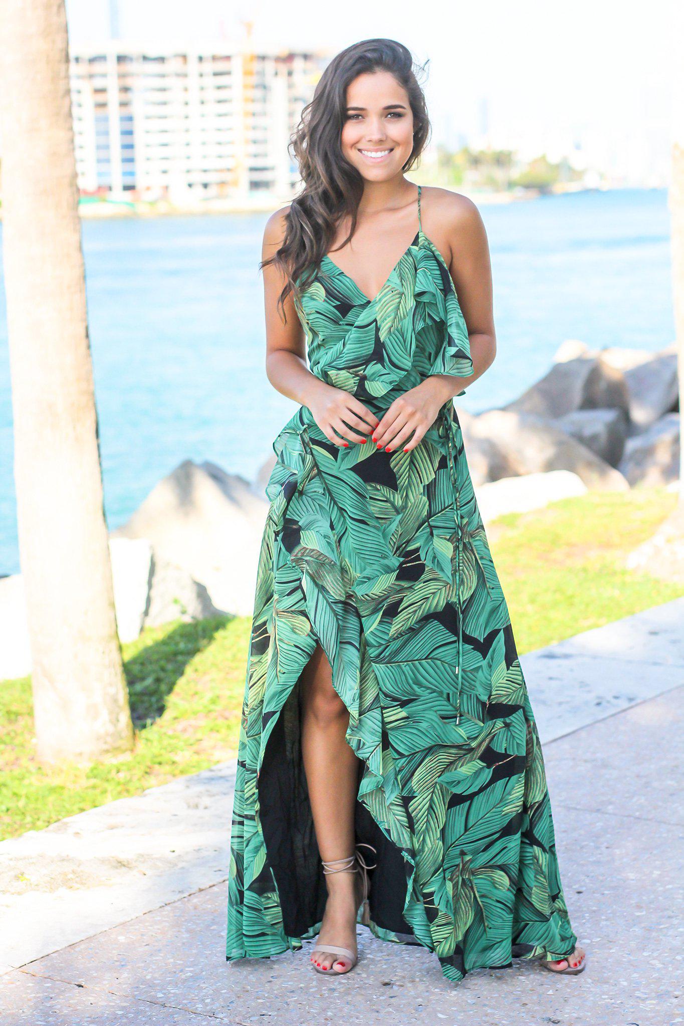 green tropical print maxi dress