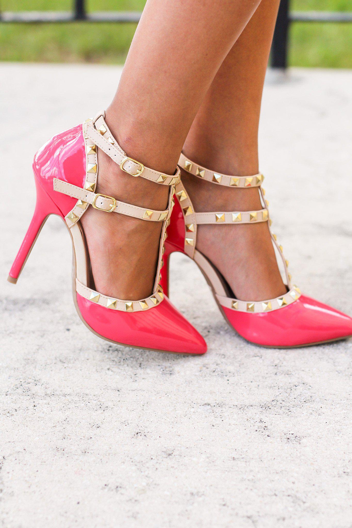 Hot Coral Studded Strappy Heels | Online Boutiques – Saved by the Dress