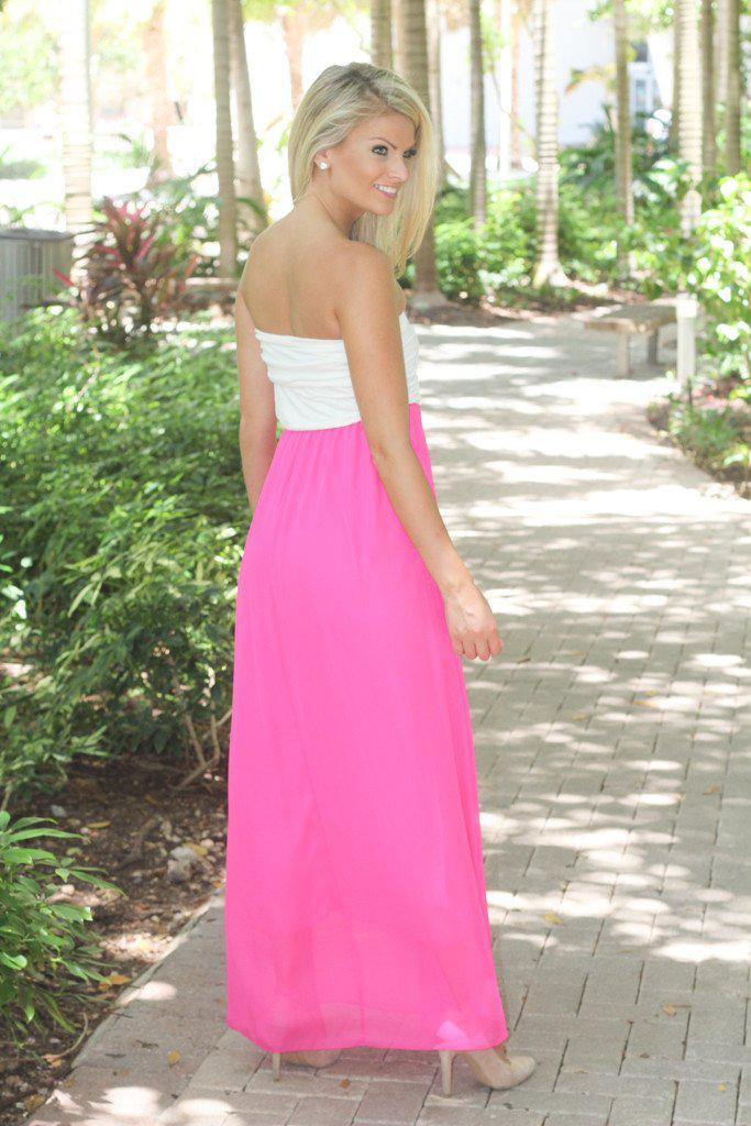 White And Hot Pink Strapless Maxi Dress | Hot Pink Dress – Saved by the ...