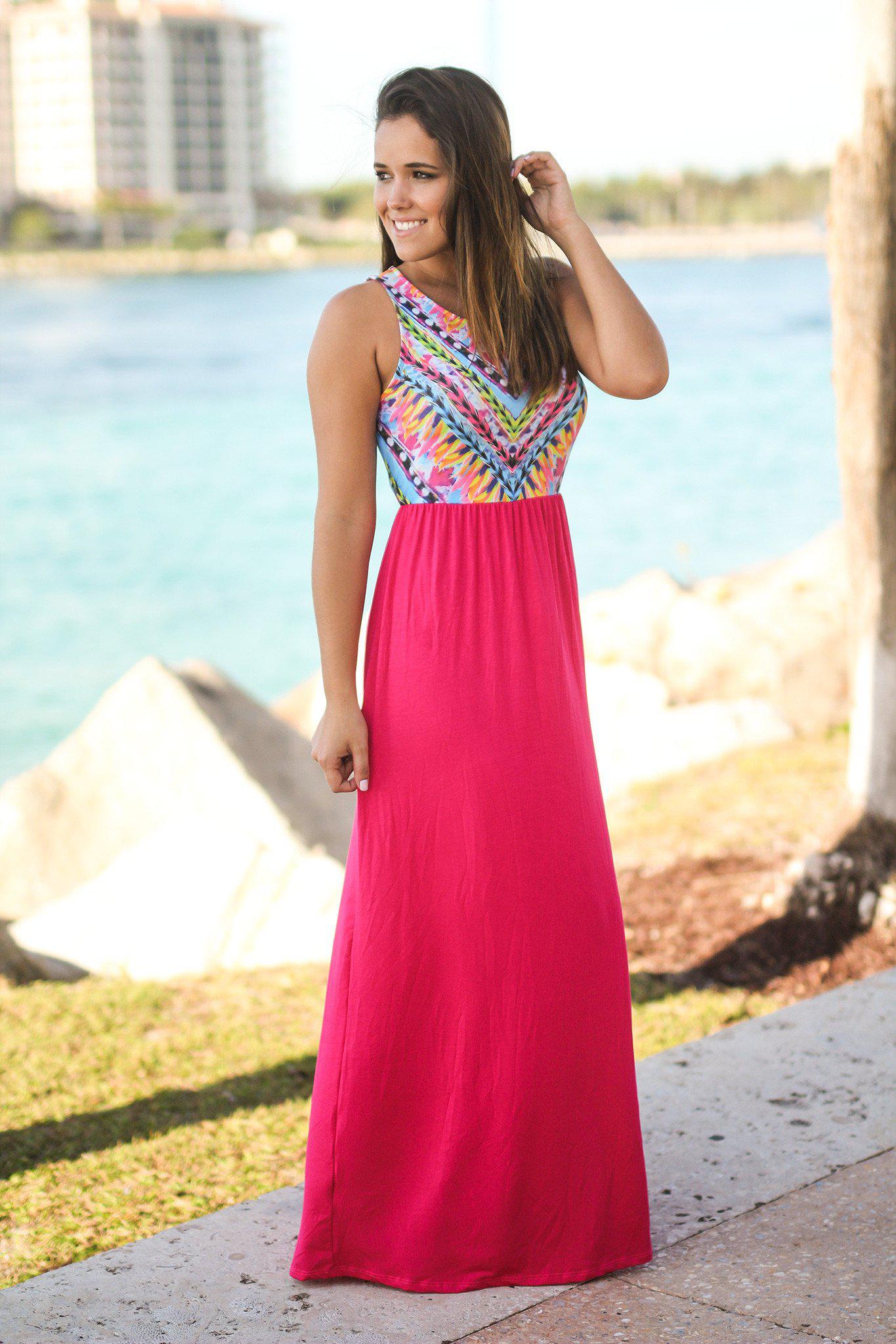 Hot Pink Maxi Dress with Printed Top | Maxi Dresses – Saved by the Dress