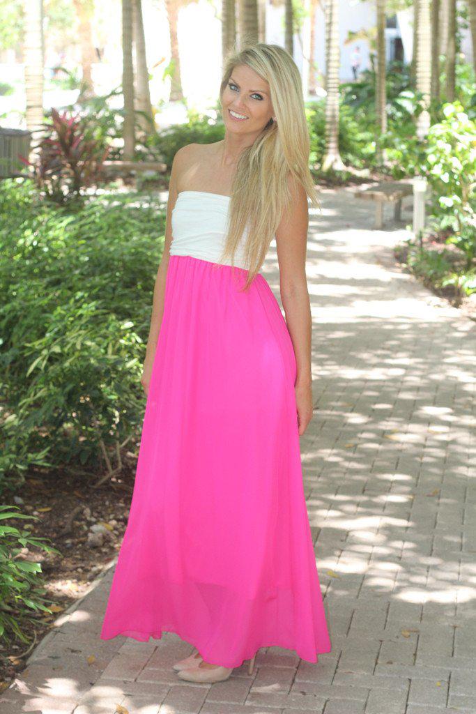 White And Hot Pink Strapless Maxi Dress | Hot Pink Dress – Saved by the ...