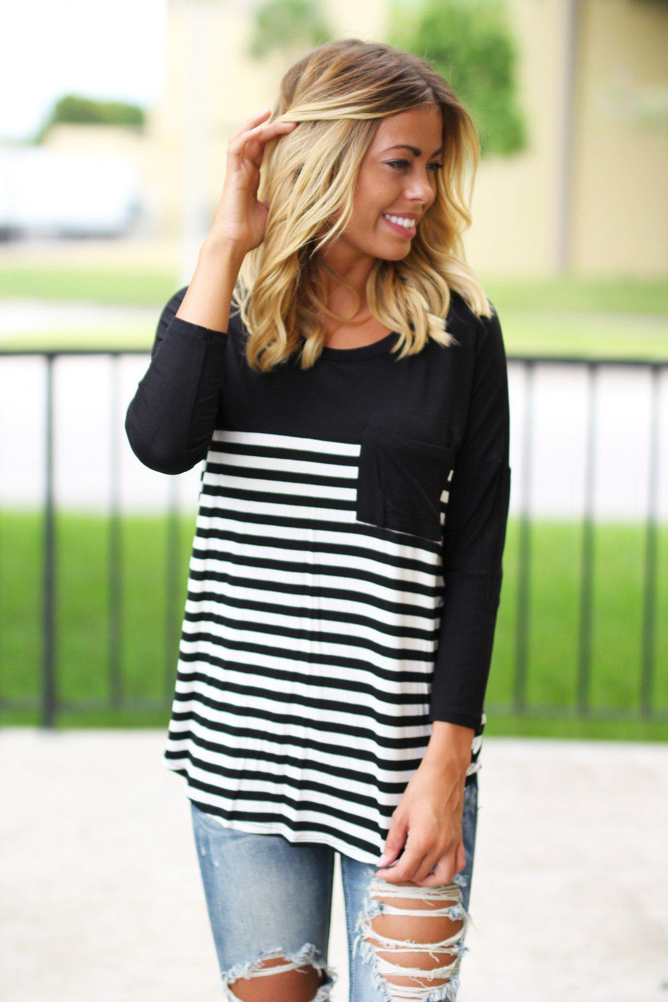 Black Striped Top | Black Top with Stripes | Black Top With Pocket ...