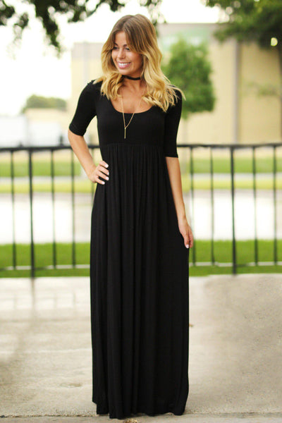 Black Maxi Dress with 3/4 Sleeves | Black Long Dress | Casual Maxi ...