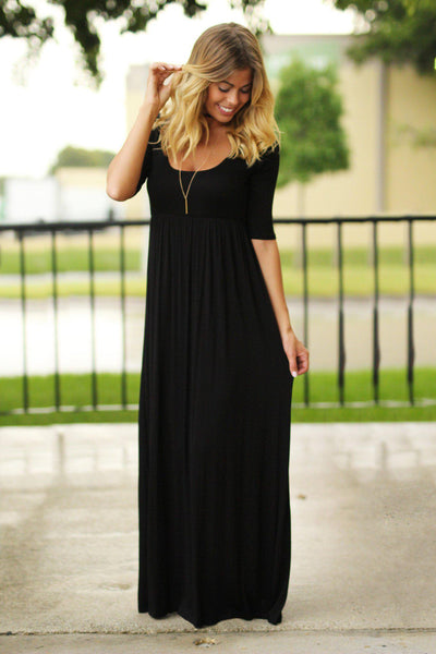 Black Maxi Dress with 3/4 Sleeves | Black Long Dress | Casual Maxi ...