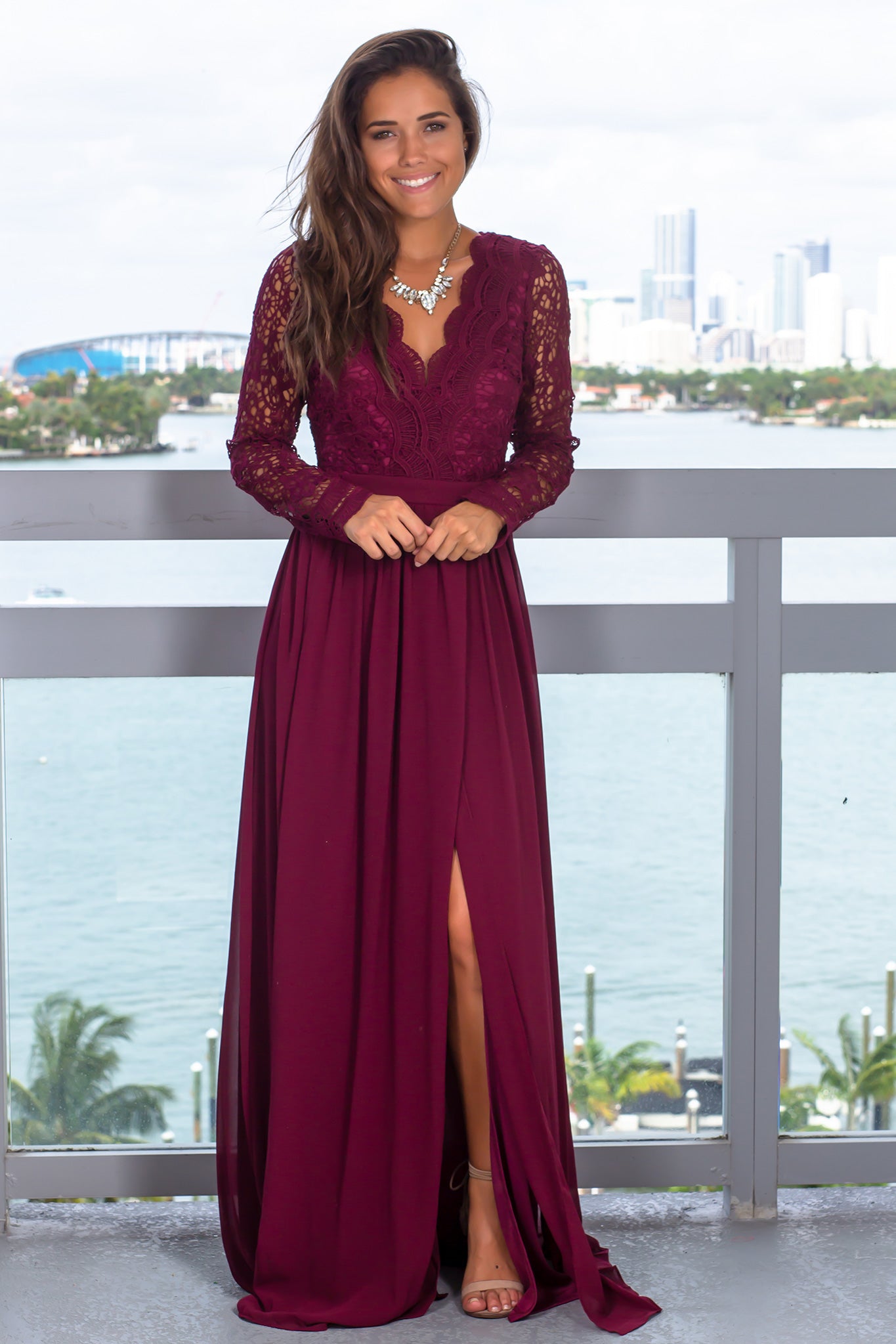 long sleeve maxi dress maroon