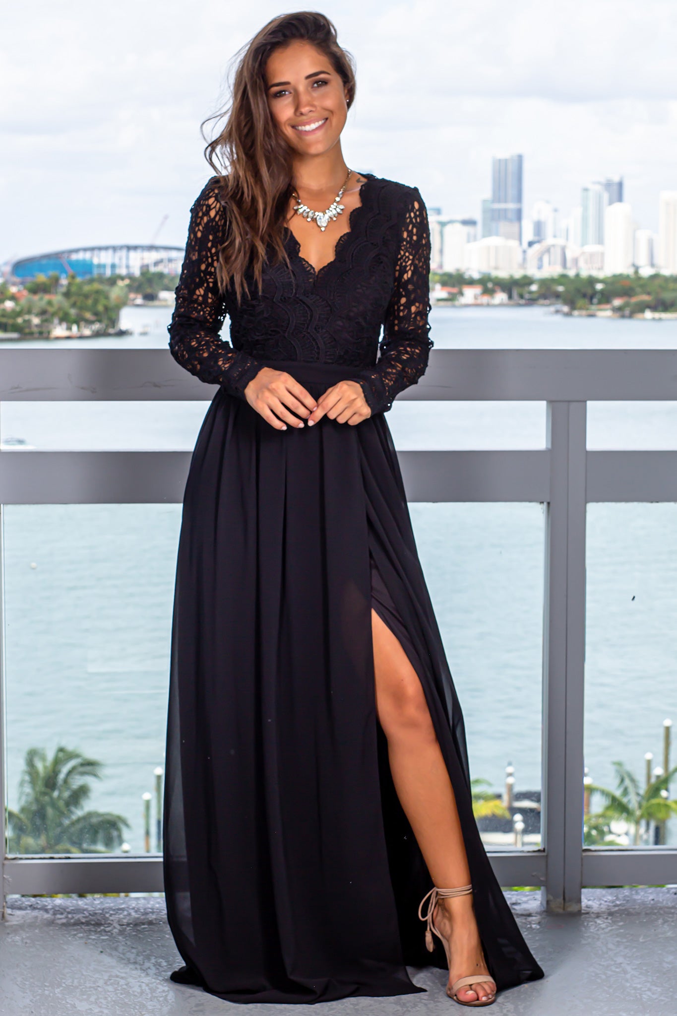 long sleeve black maxi dress casual