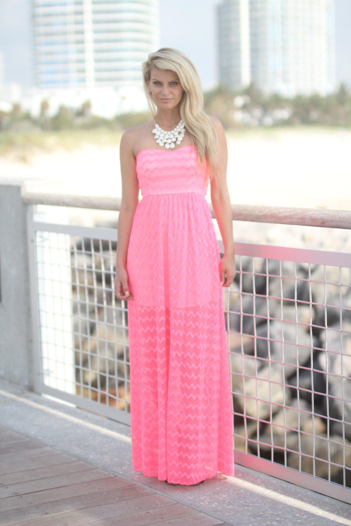 Neon Pink Chevron Maxi Dress With Back Bow – Saved by the Dress