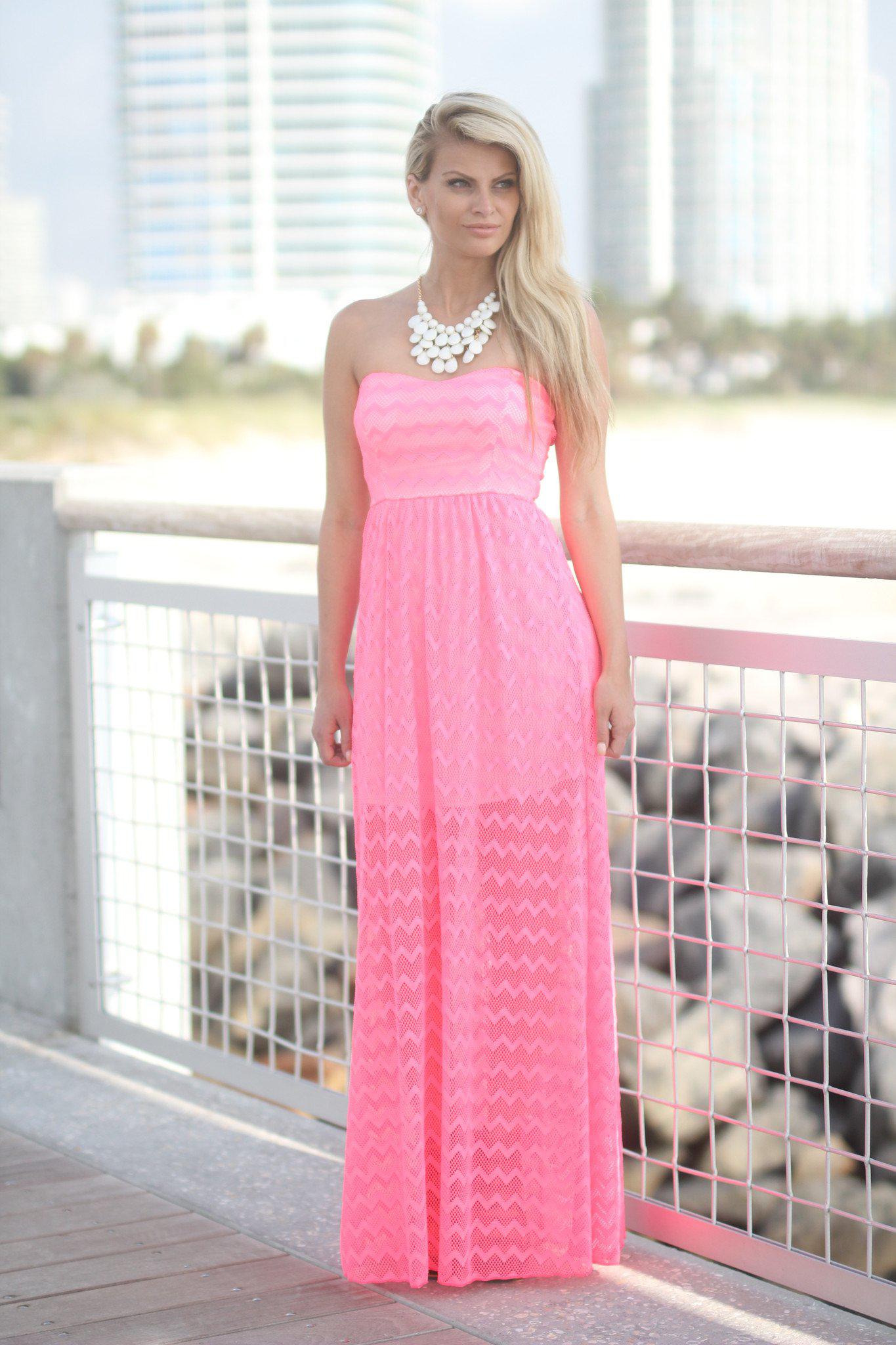 Neon Pink Chevron Maxi Dress With Back Bow – Saved by the Dress