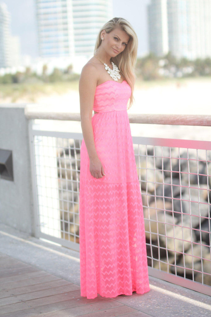 Neon Pink Chevron Maxi Dress With Back Bow – Saved by the Dress