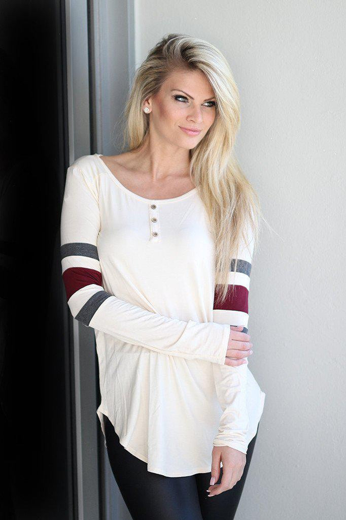 Cream Top With Color Block Sleeves | Cream Striped Top – Saved by the Dress