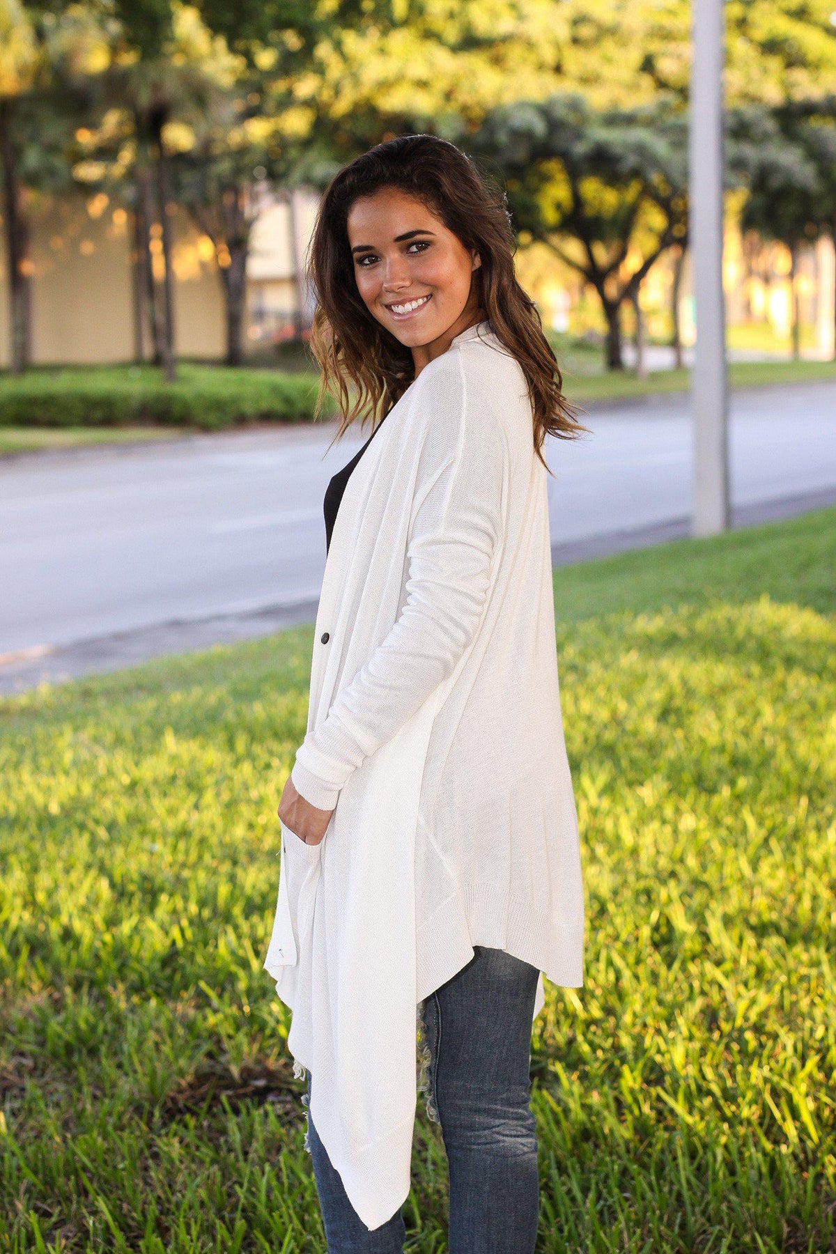 Ivory Asymmetrical Cardigan with Pockets | Online Boutique – Saved by ...