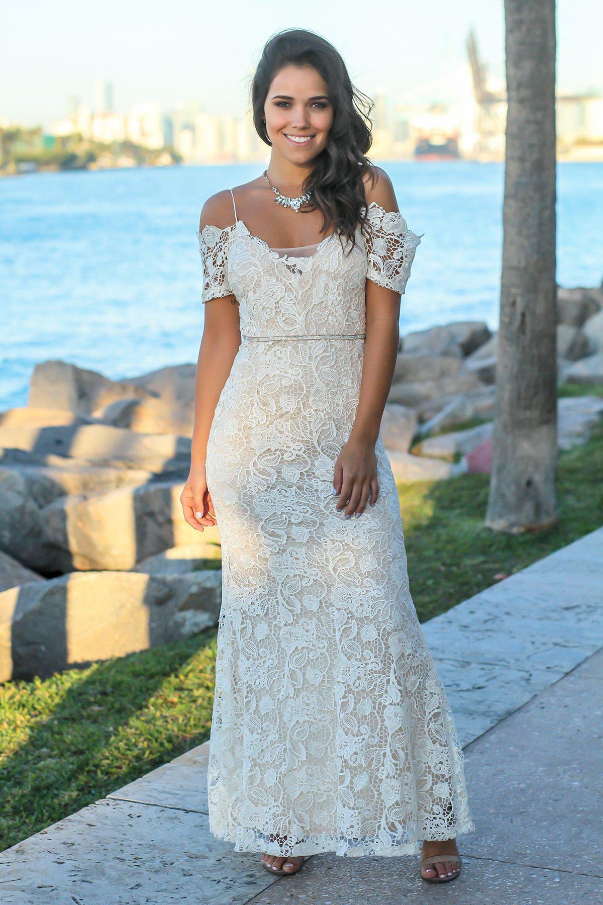 Ivory Crochet Maxi Dress with Gold Detail | Maxi Dresses – Saved by the ...