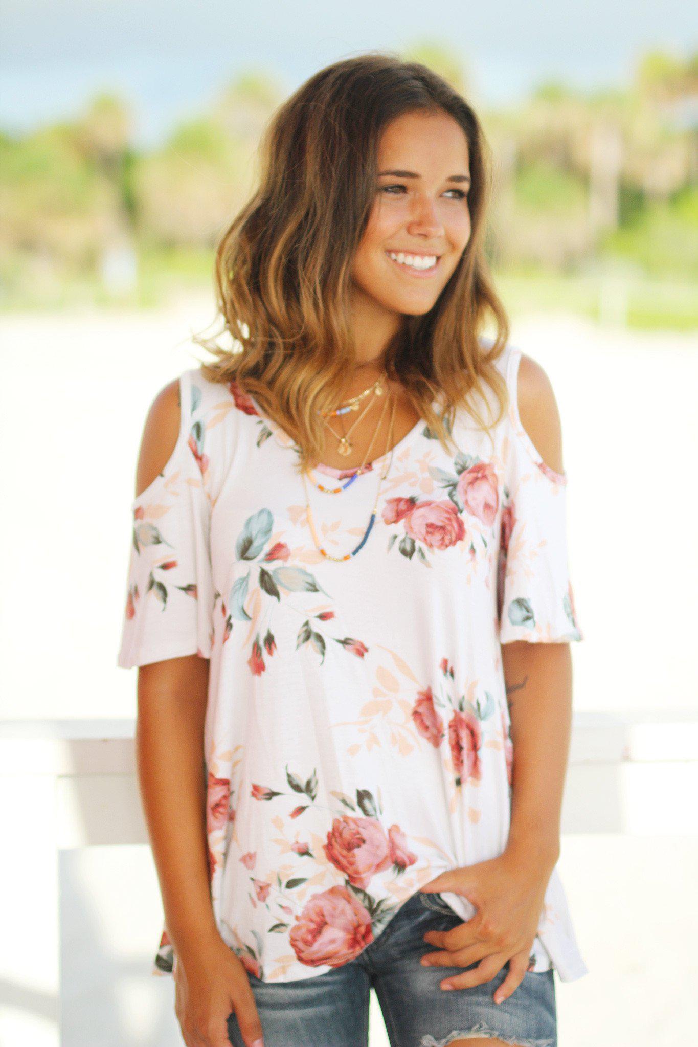 Ivory Floral Cold Shoulder Tee | Floral Ivory Tee | Cute Tops – Saved ...