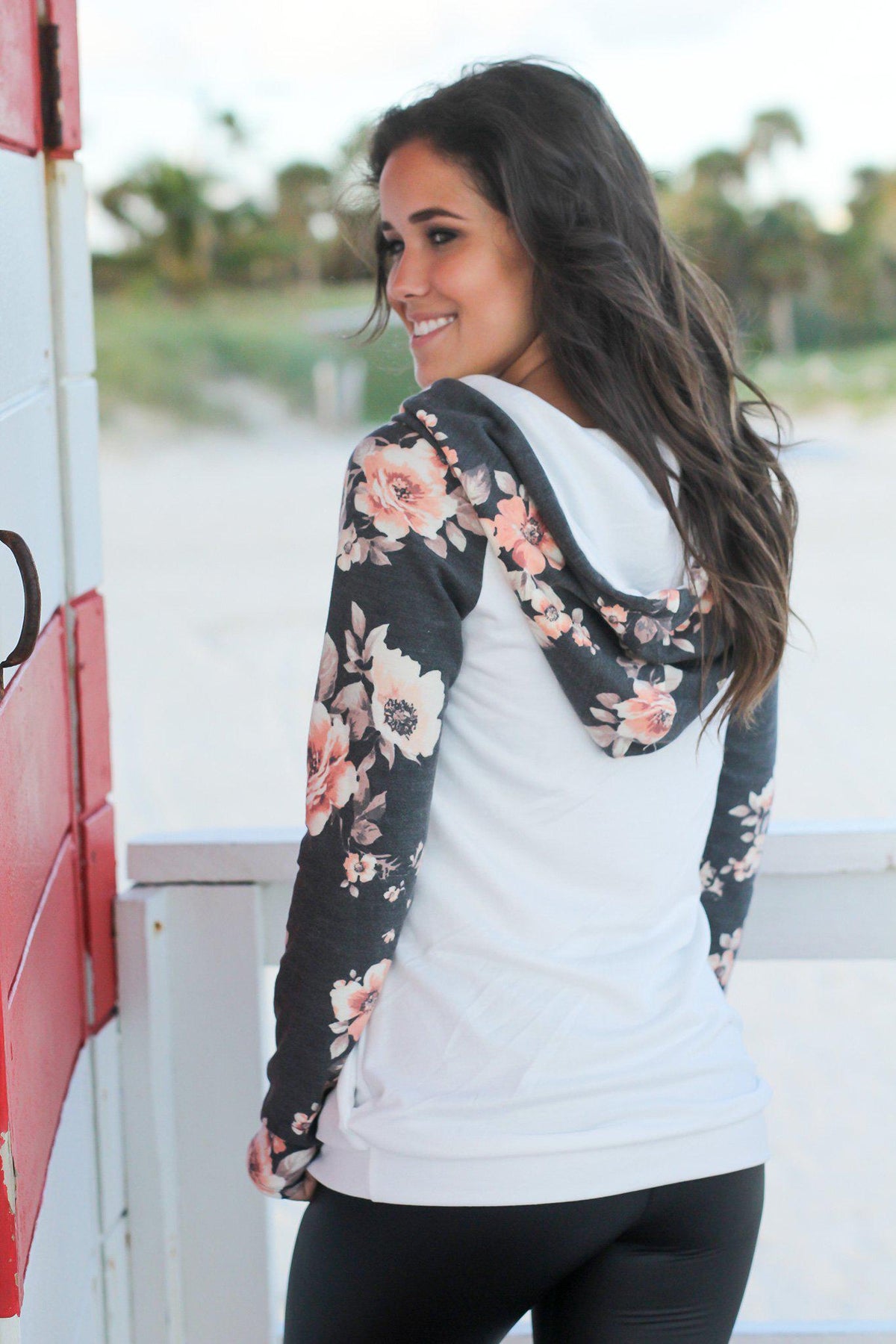 Ivory Hoodie with Floral Sleeves with Pocket | Hoodies – Saved by the Dress