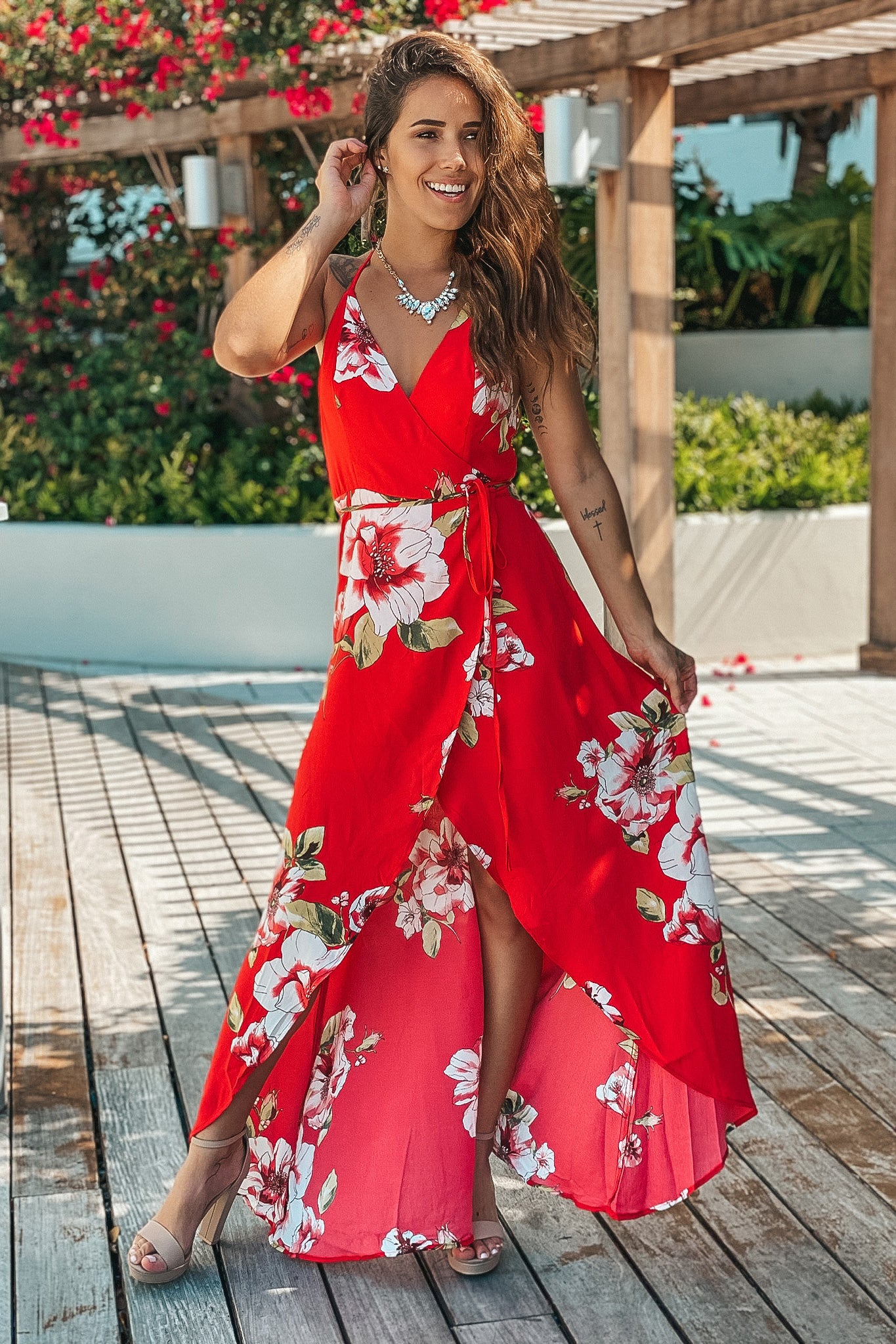 red floral day dress