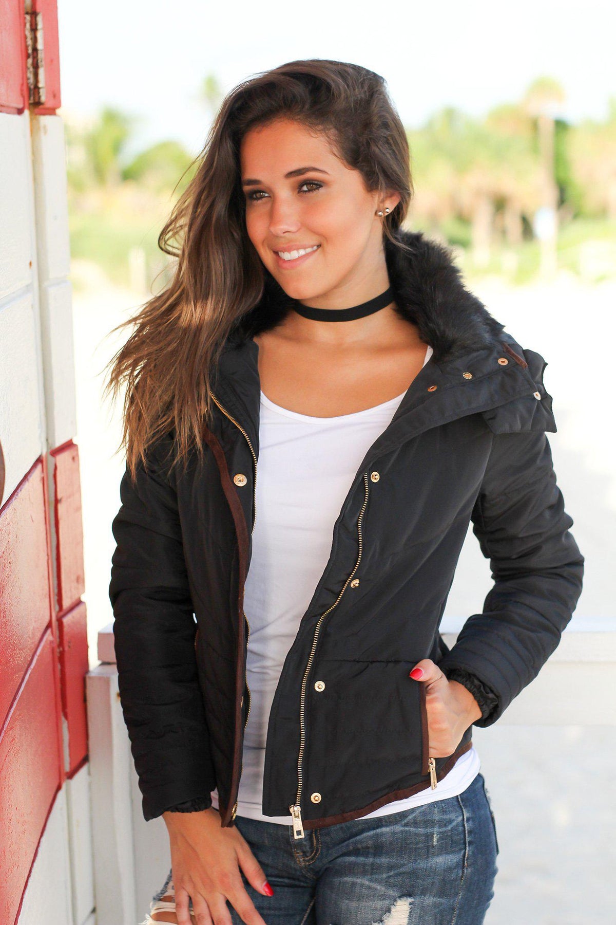 Black Quilted Jacket with Fur Collar | Jackets – Saved by the Dress