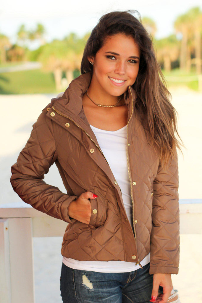 Camel Quilted Jacket with Fur Lined Hood | Jackets – Saved by the Dress