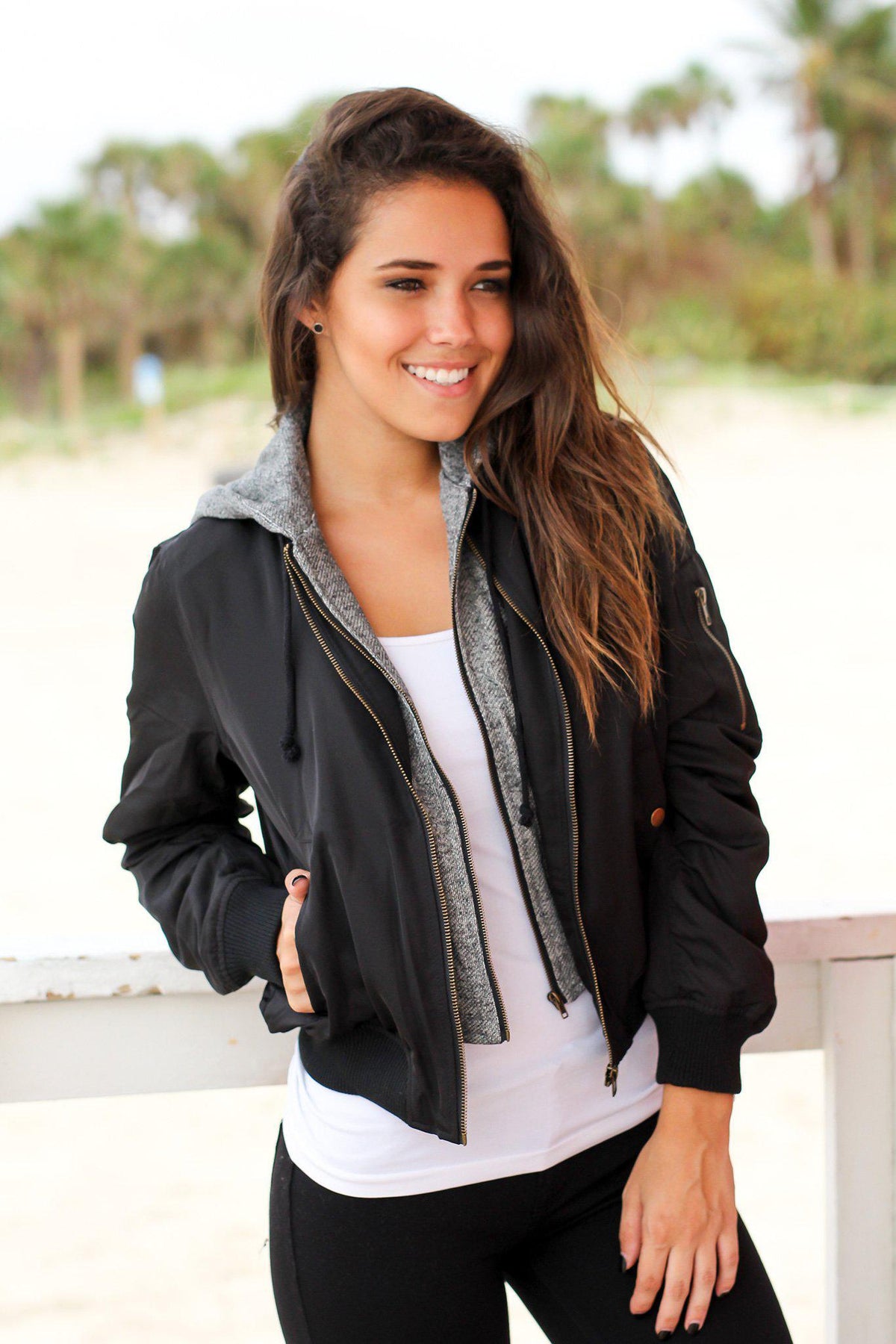 Black Bomber Jacket with Gray Hood | Cute Jackets – Saved by the Dress