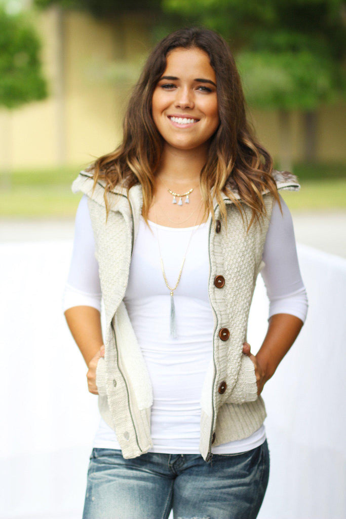 Khaki Sweater Vest With Fur | Faux Fur Vest – Saved by the Dress