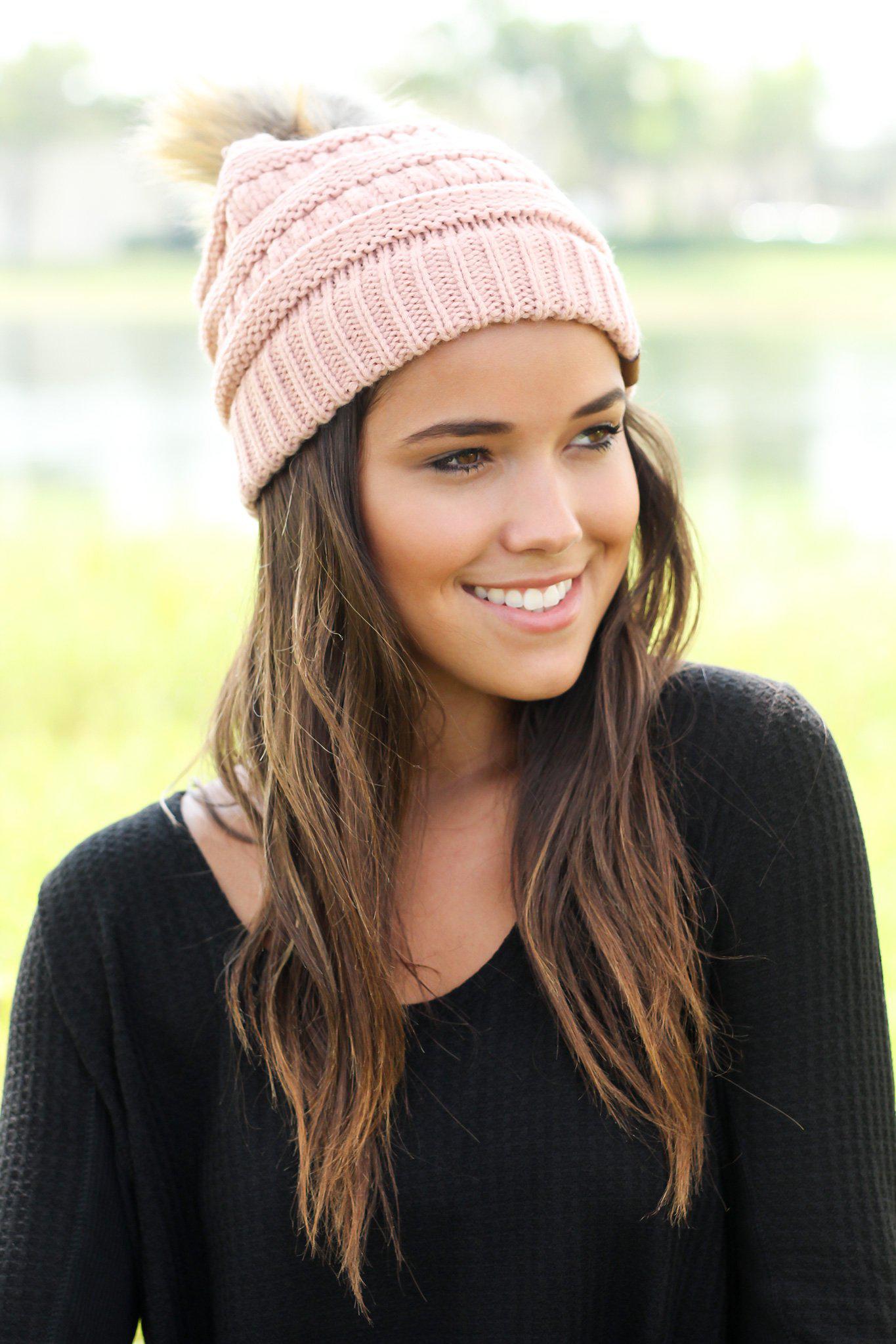 Indi Pink Knit Beanie with Pom Pom Beanie Saved by the Dress