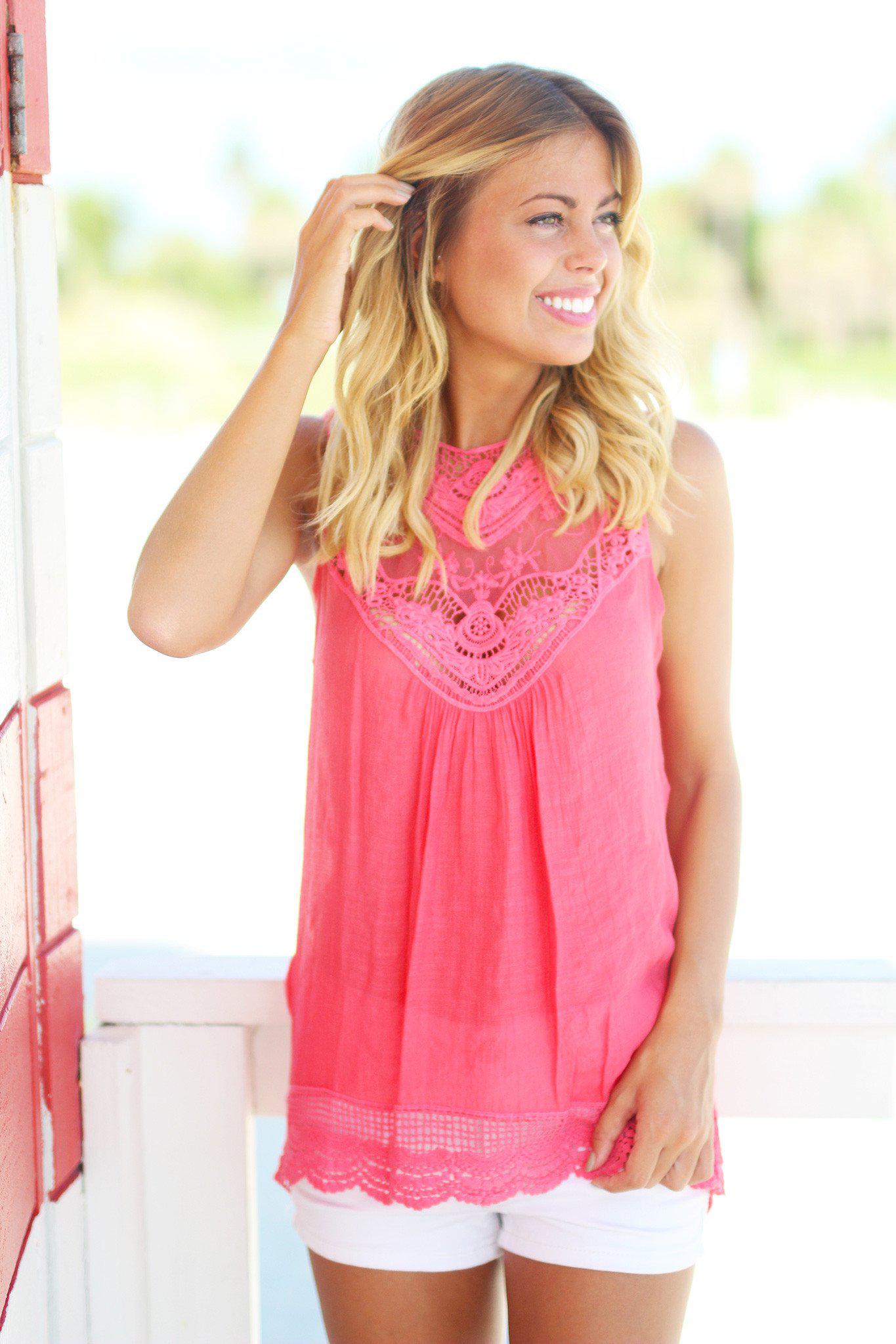 Coral Lace Top | Cute Tops – Saved by the Dress