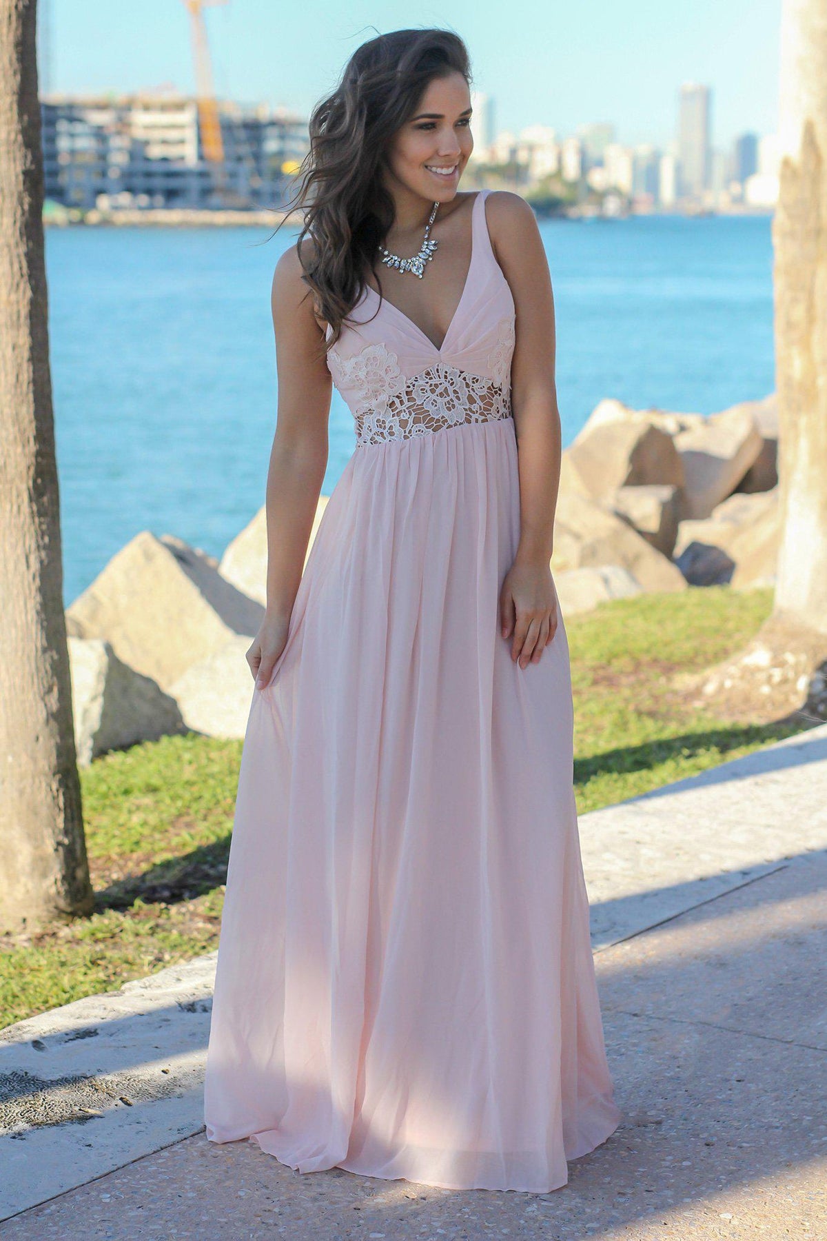 Tea Rose V-Neck Maxi Dress with Lace | Beautiful Dresses – Saved by the ...