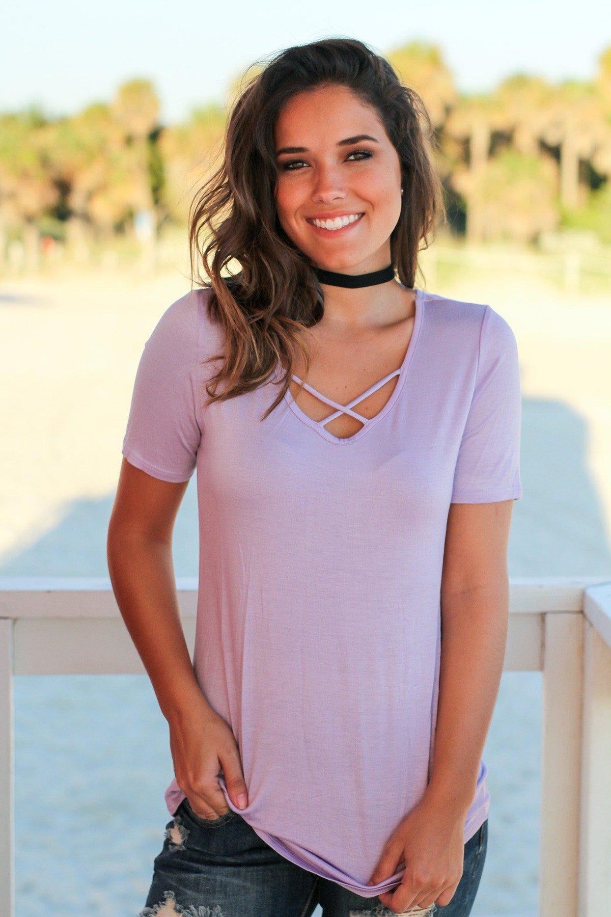 Lavender Criss Cross Top with Short Sleeves | Cute Tops – Saved by the ...