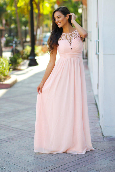 Light Pink Crochet Maxi Dress | Pink Bridesmaid Dress – Saved by the Dress