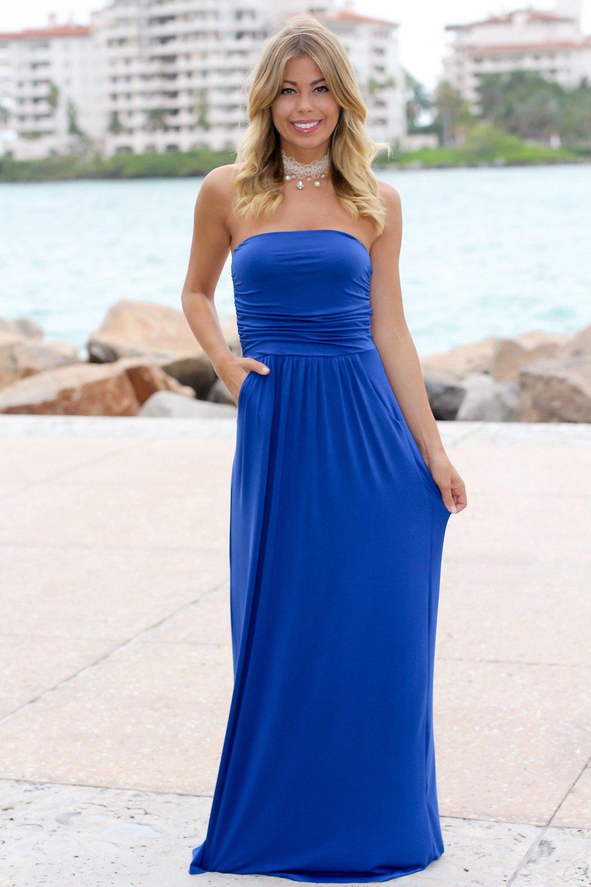 Royal Blue Strapless Maxi Dress with Pockets | Maxi Dresses – Saved by ...