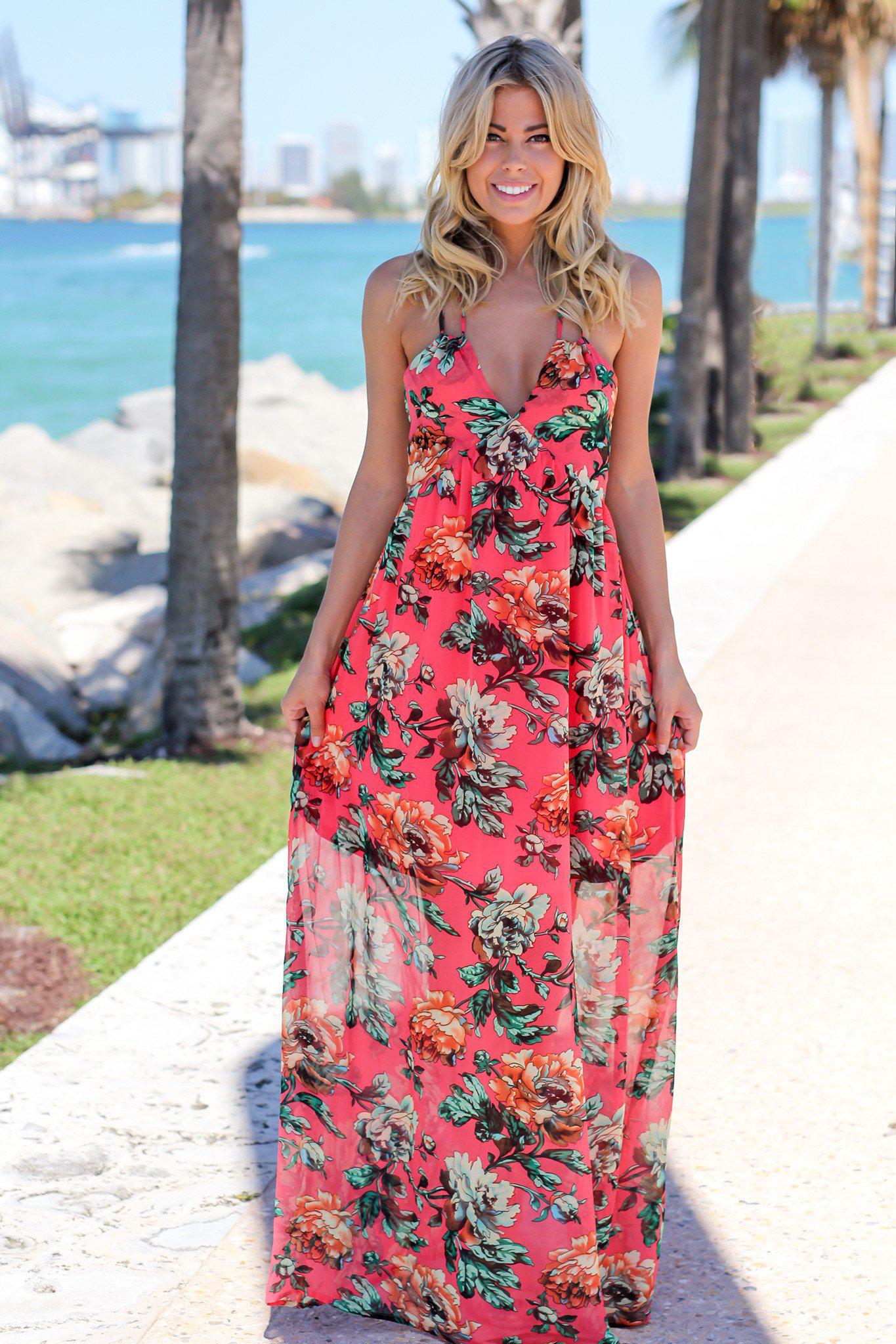 Coral and Green Floral Maxi Dress with Tie Back | Maxi Dresses – Saved ...