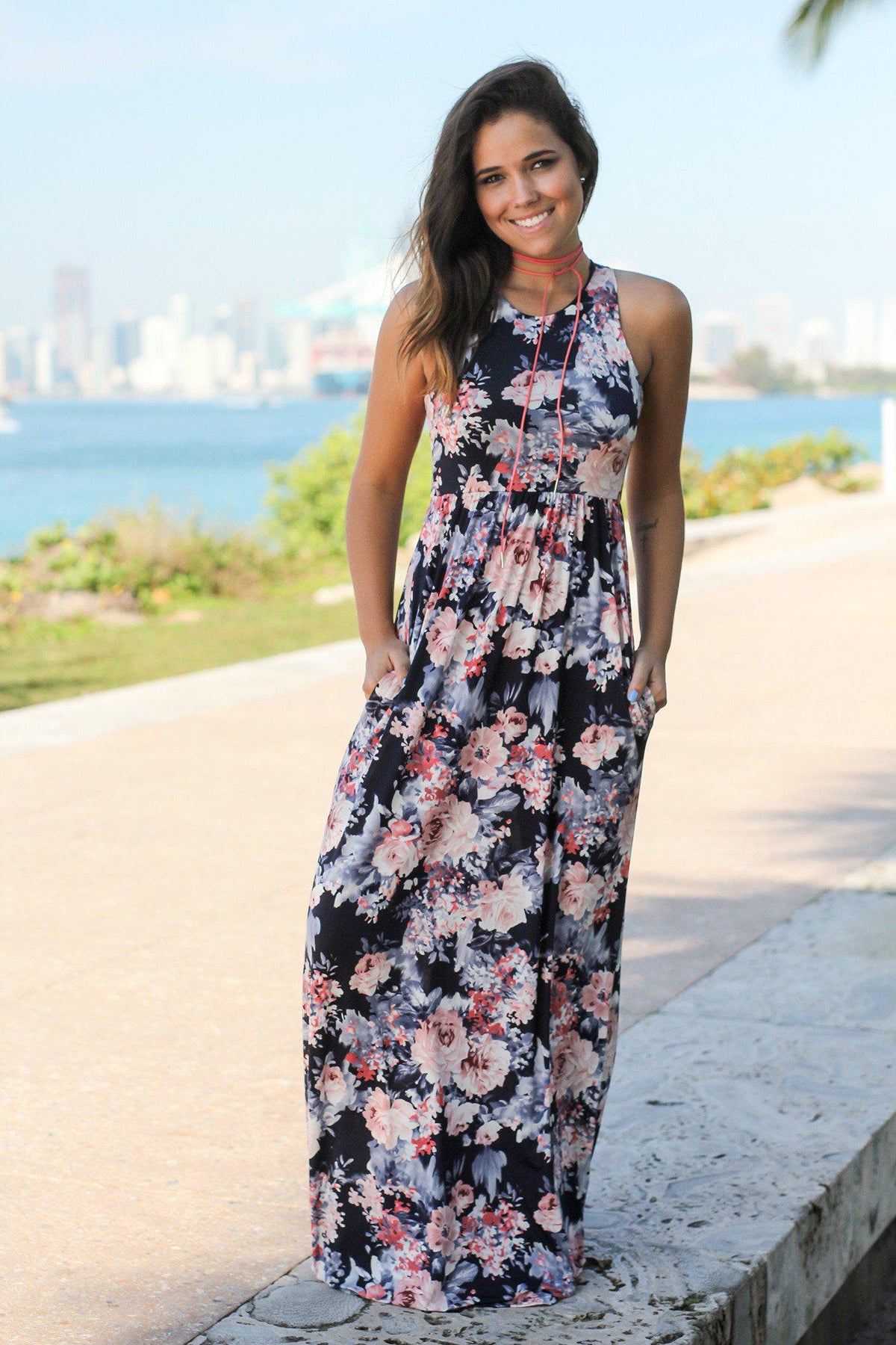 Navy and Pink Floral Racerback Maxi Dress | Maxi Dresses – Saved by the ...