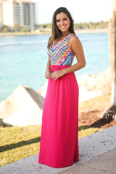 Hot Pink Maxi Dress with Printed Top | Maxi Dresses – Saved by the Dress