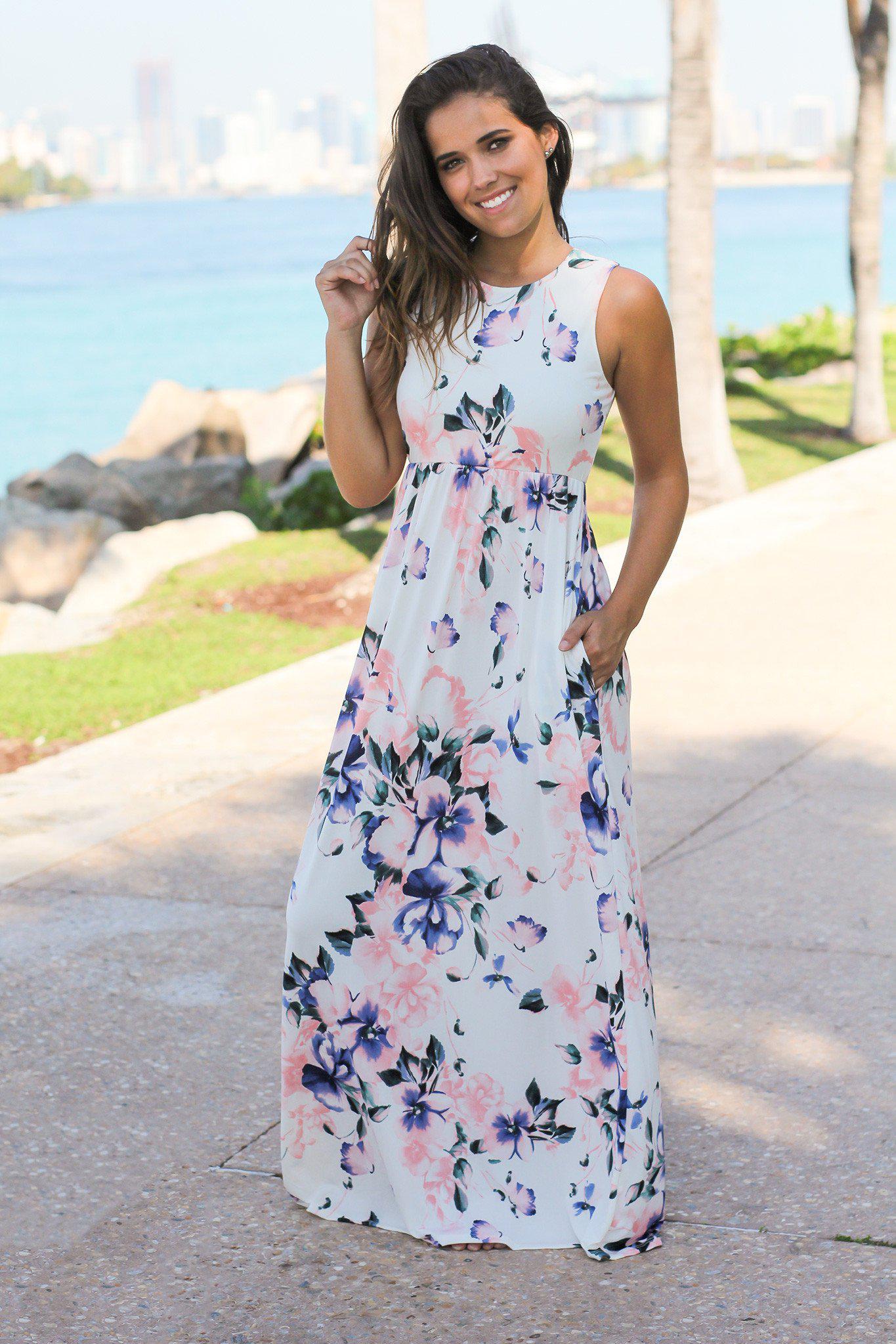 Off White Floral Racerback Maxi Dress With Pockets Maxi Dresses Saved By The Dress 3684