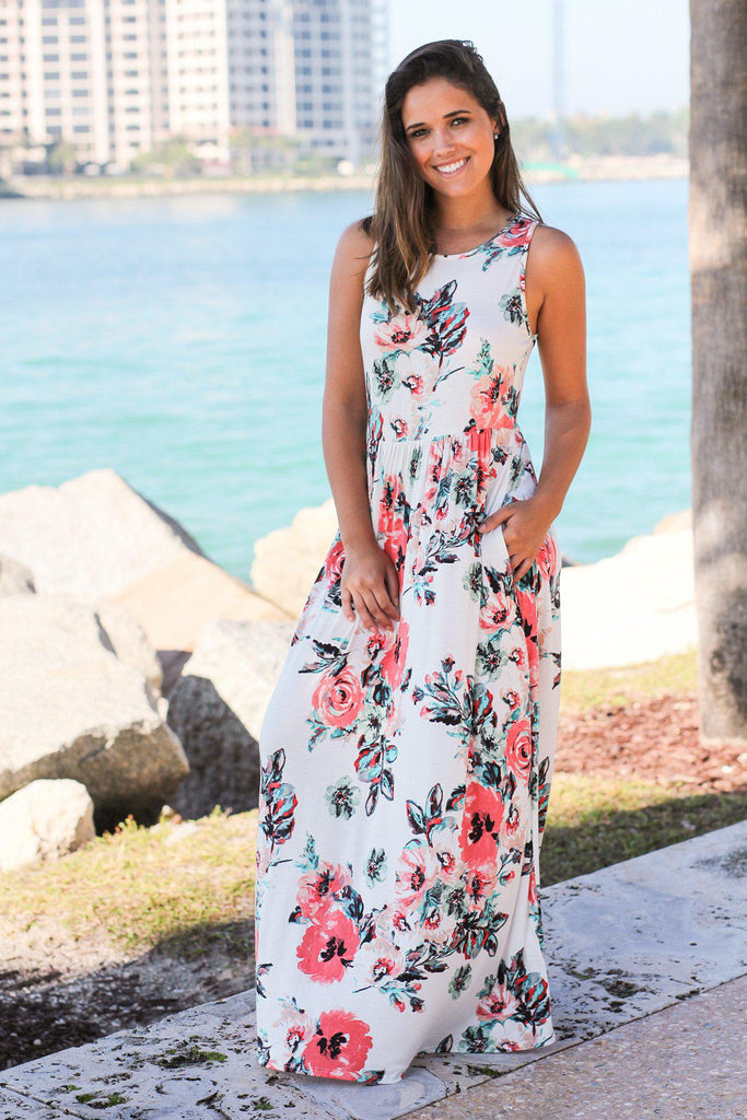 Off White Floral Maxi Dress with Pockets | Maxi Dresses – Saved by the ...