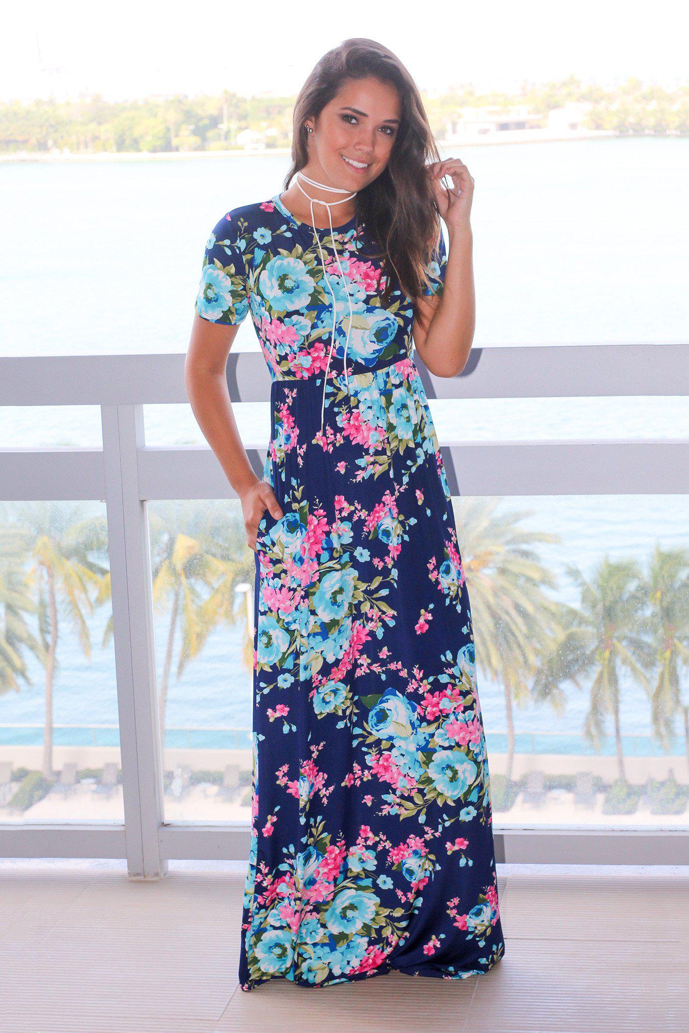 Navy Floral Maxi Dress with Short Sleeves | Maxi Dresses – Saved by the ...