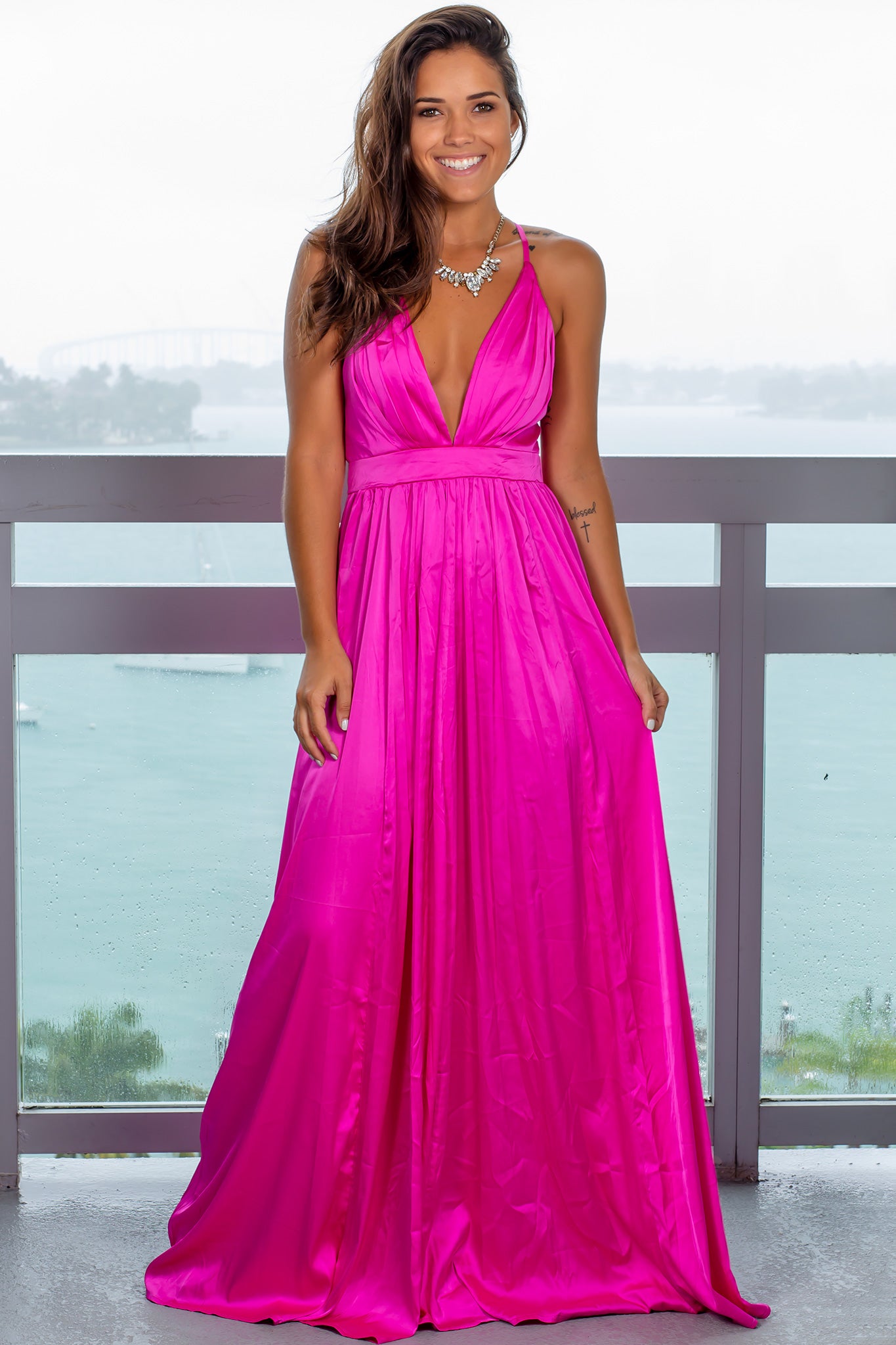 satin pleated maxi dress