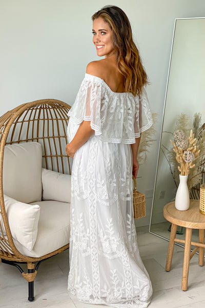 Off White Lace Off Shoulder Maternity Maxi Dress | Saved By The Dress ...