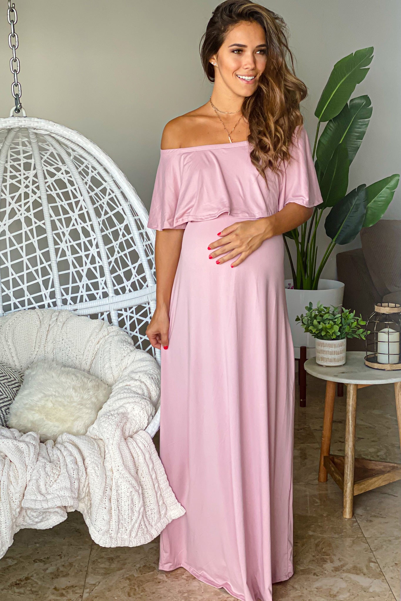 Mauve Off Shoulder Maternity Maxi Dress with Ruffled Top | Saved By The ...