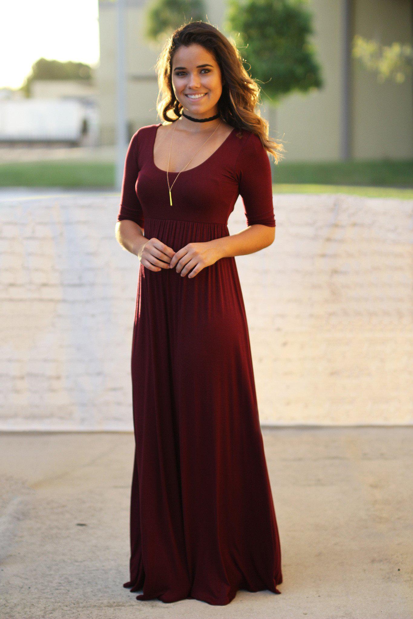 Burgundy Maxi Dress with Mid-Sleeves | Burgundy Maxi Dress | Dress ...