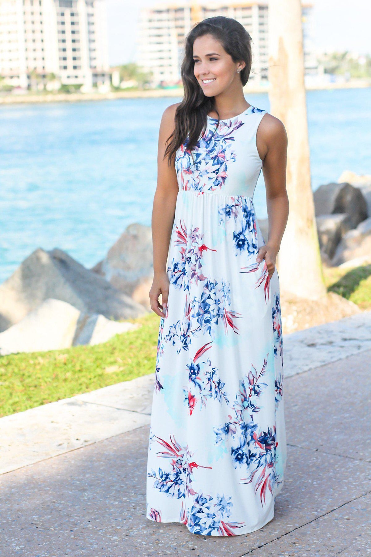 Ivory and Blue Floral Racerback Maxi Dress | Maxi Dresses – Saved by ...